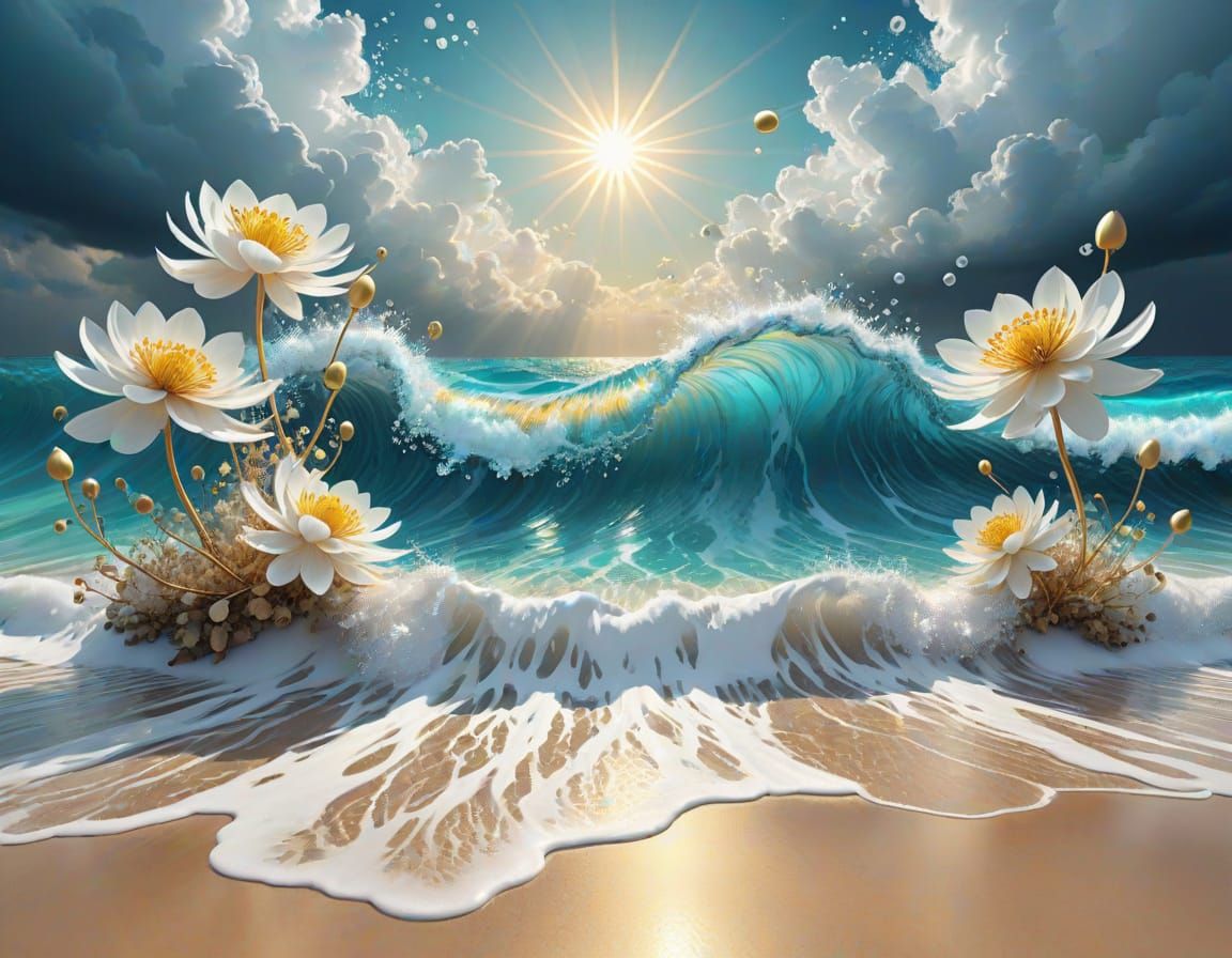 Whimsical Beach Scene with Golden Children and White Anemone...