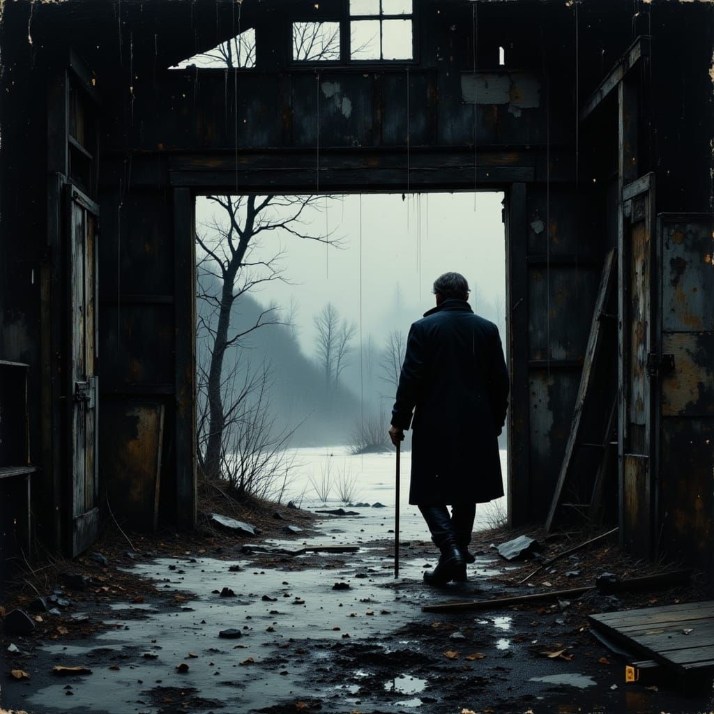 Man Watches Snow Fall From Ruined Barn
