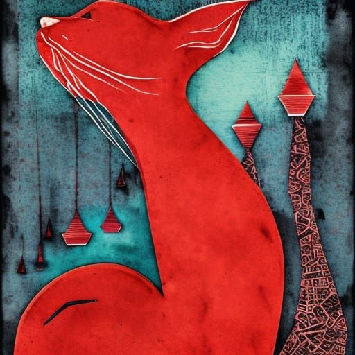 Red Cats Collage in Mixed Media Technique