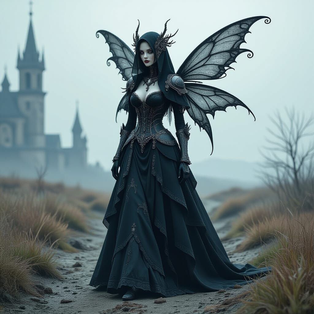 Gothic Cyborg Fairy Bride in Desolate Landscape