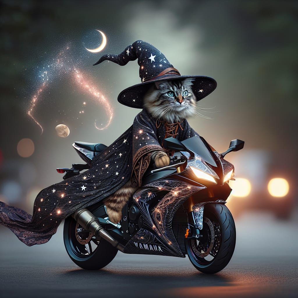 Whimsical Wizard Cat Speeds on Yamaha r6