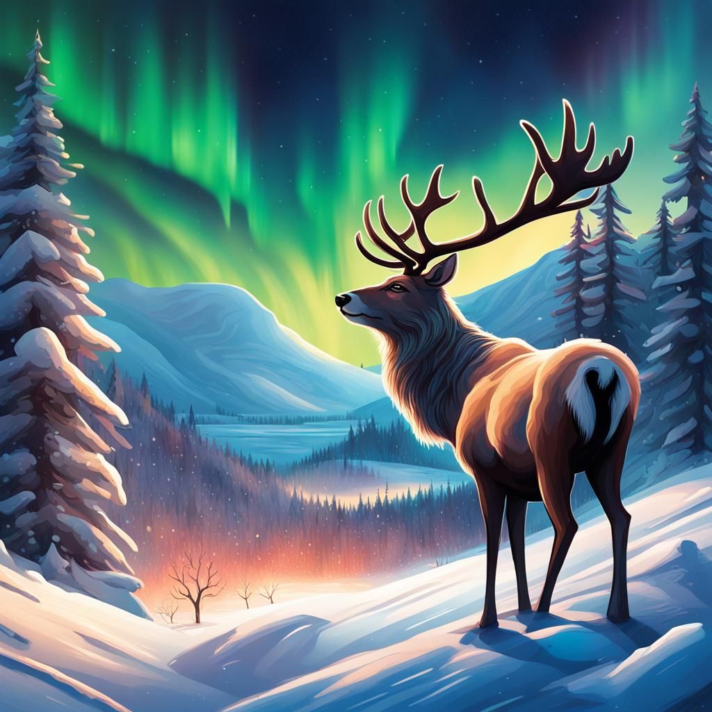 Lapland Postcard with Reindeer and Northern Lights