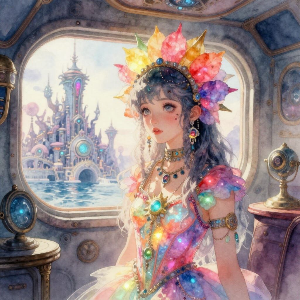 Ocean Punk Princess in Luminescent Dress, Watercolor Style