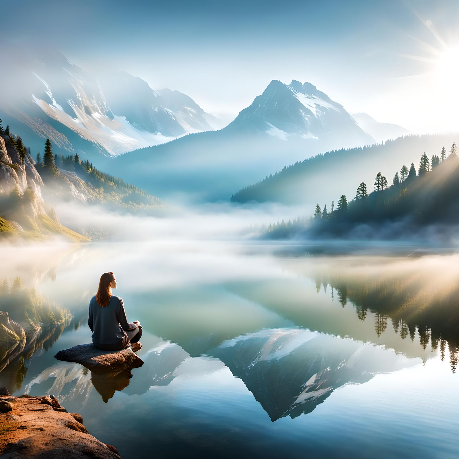 Dreamy Morning Lake Scene with Woman