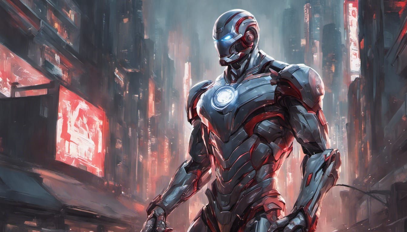 Futuristic Ultron Armor Portrait in Cyberpunk Style