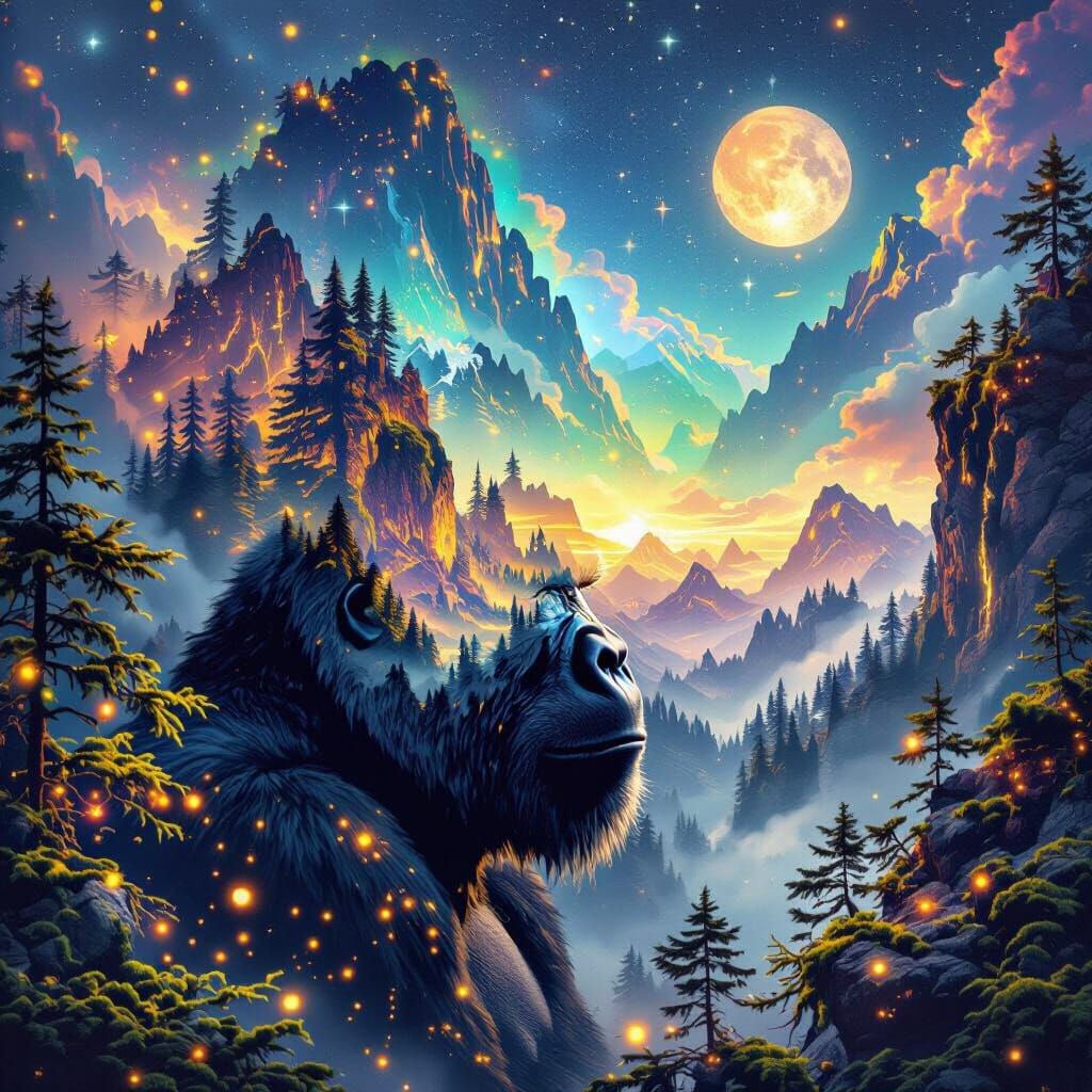 Gorilla Profile Double Exposure with Mystical Forest and Mou...