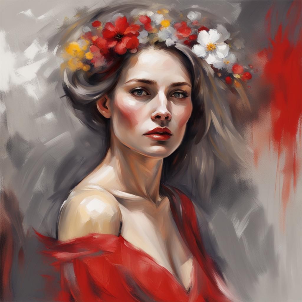 Impressionistic Woman in Red Dress with Blurred Face