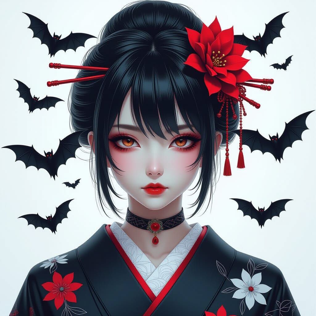 Gothic Girl Transforms into Bats in Glitch Portrait