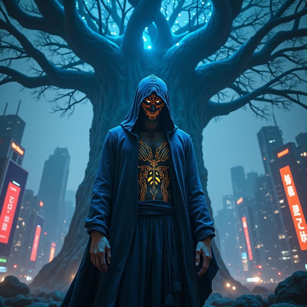 Mystical Figure in Futuristic Cityscape: Digital Art