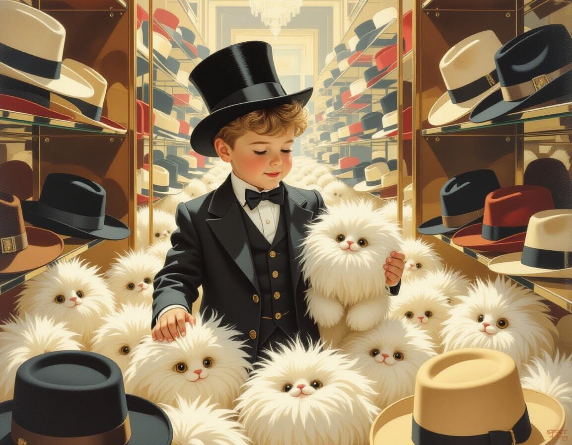 Boy Shopping for Hats in Classic Illustration Style