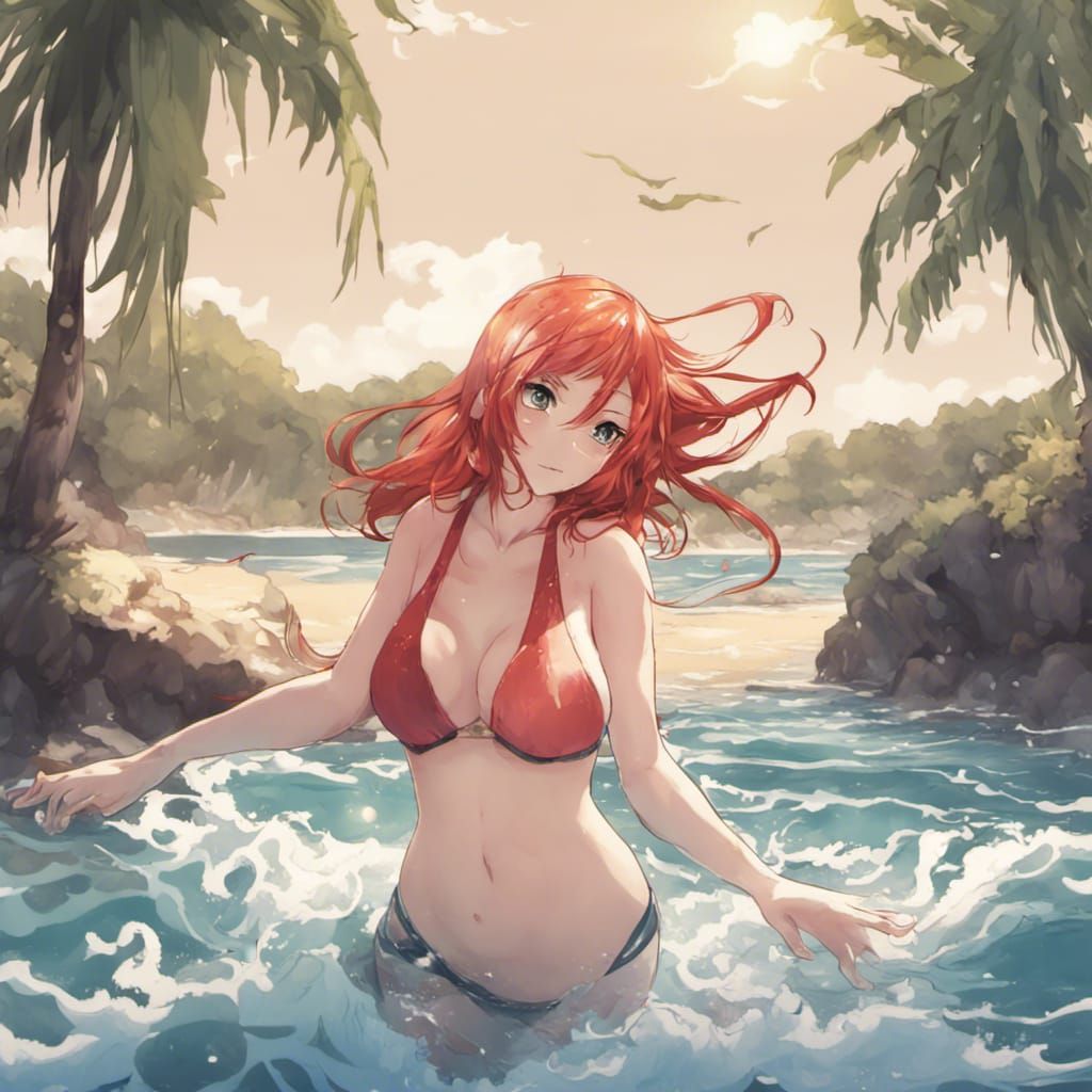 Anime Style: Redhead Girl Swimming at the Beach