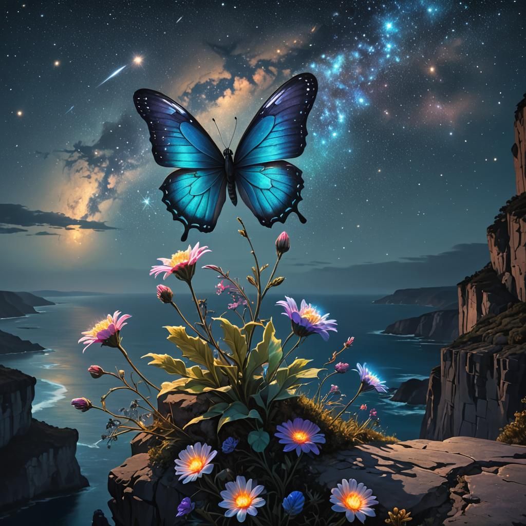 Bioluminescent Butterfly on Flower Under Starry Sky