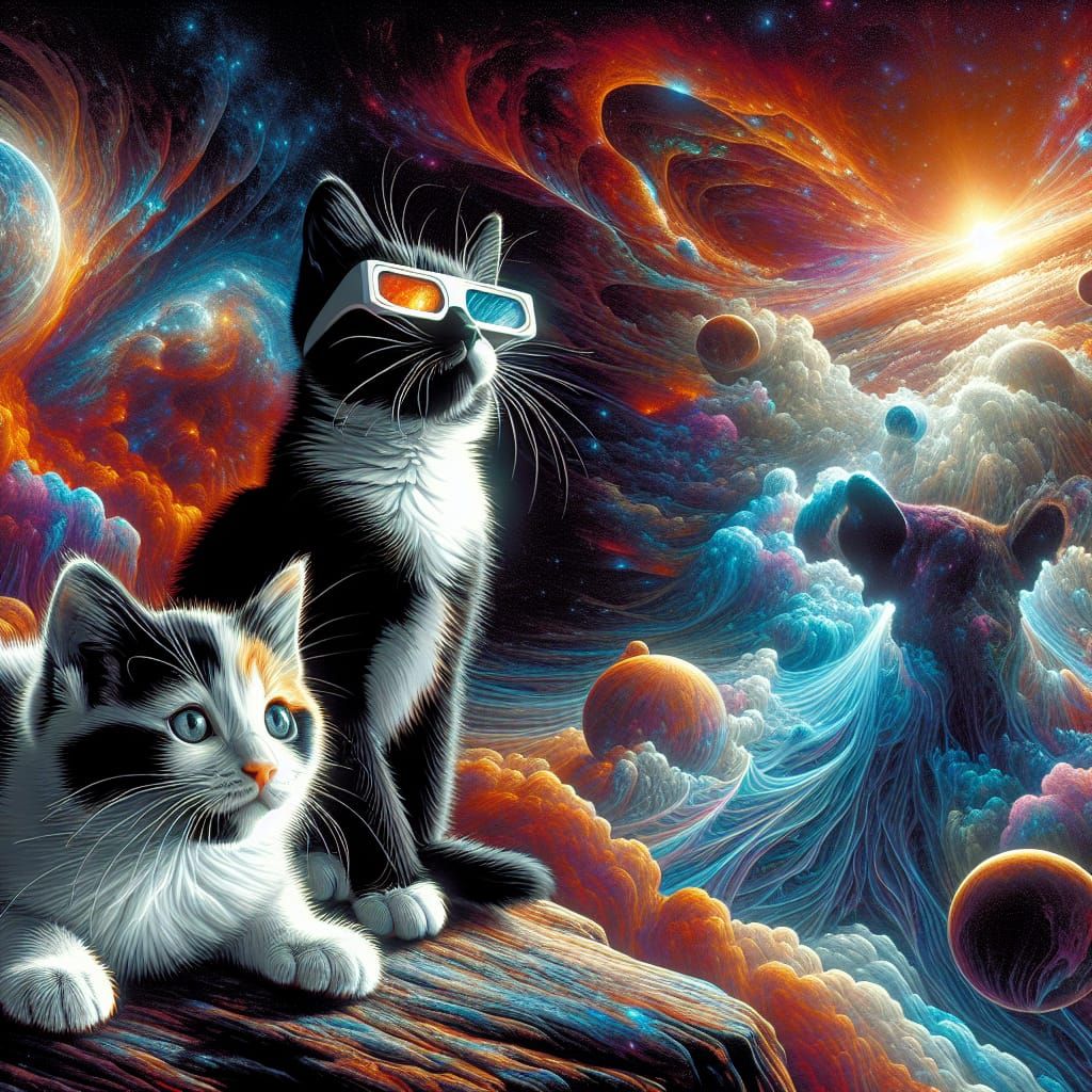 Kittens Play on Alien Planet in Mixed Media Style