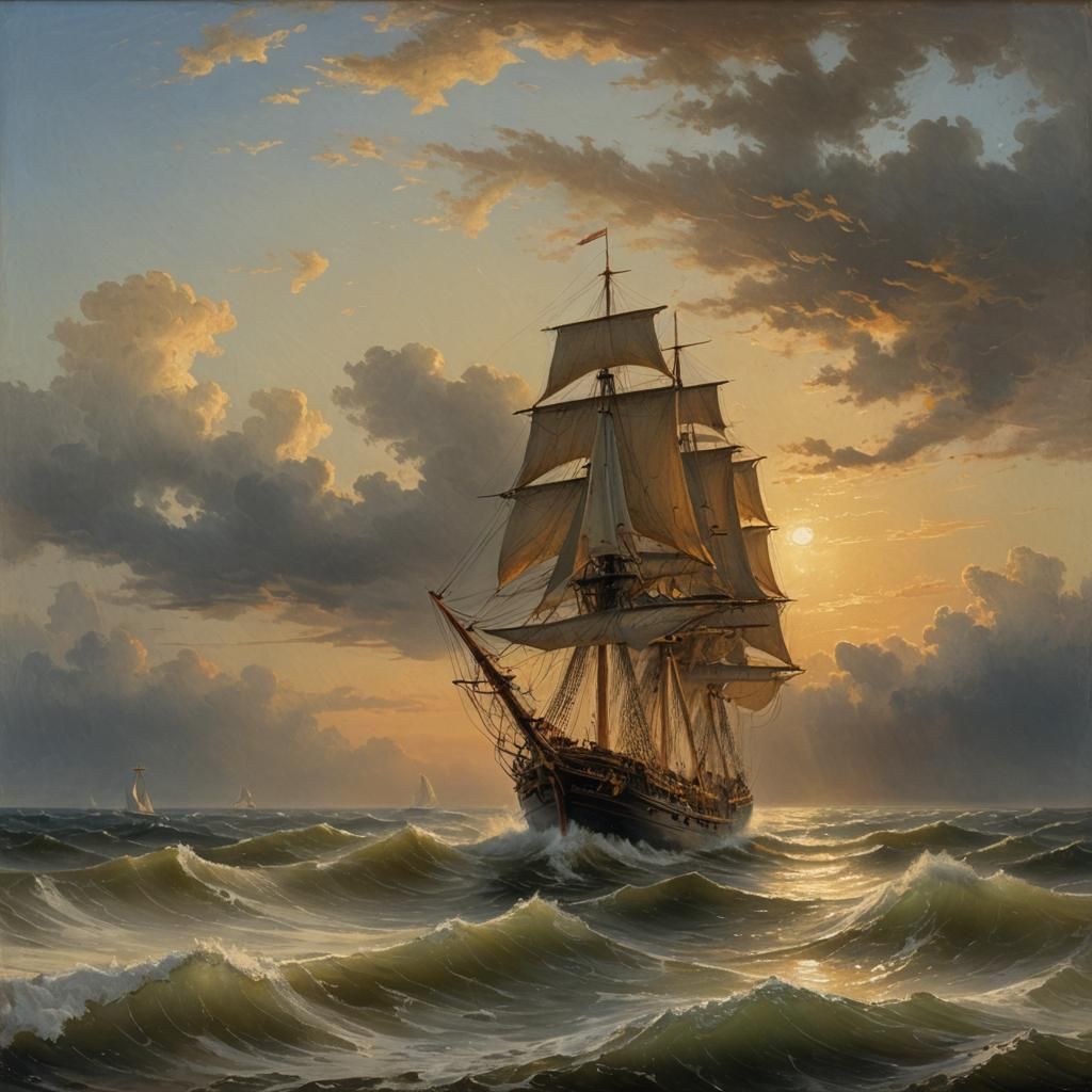 Sailing Ship at Sea in Romantic Style