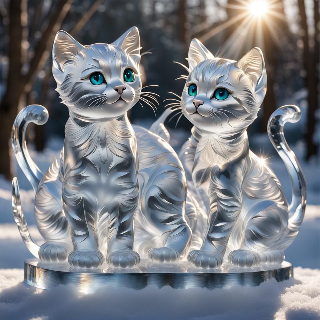 artwork capturing the essence of sunlight crossing an ice sculpture of adorable kittens.