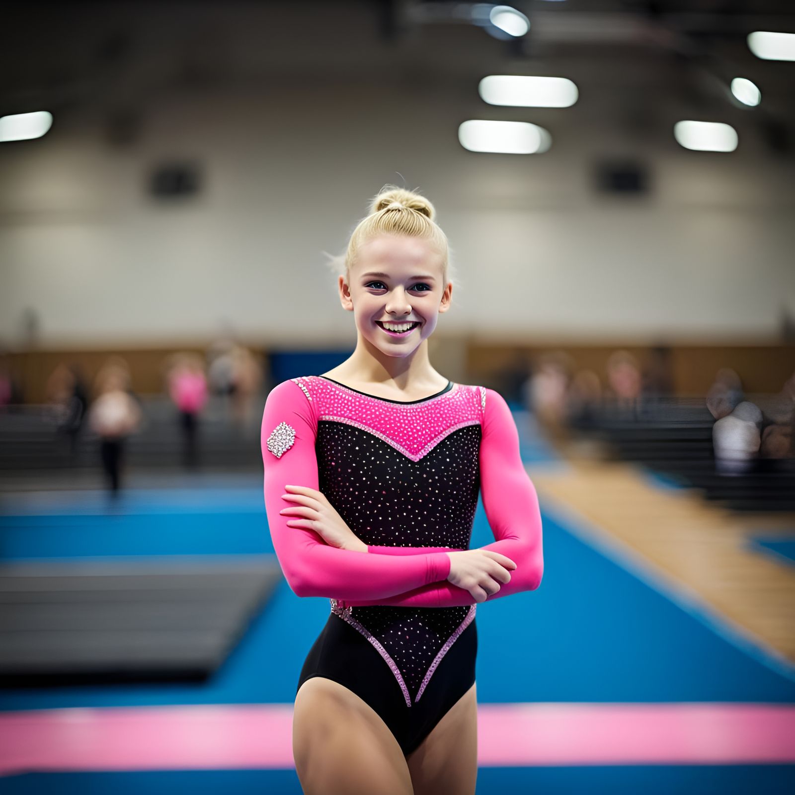 Smiling Gymnast in Black and Pink Leotard