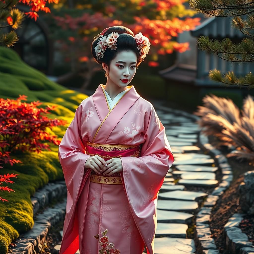 Geisha in Pink Kimono in Japanese Garden