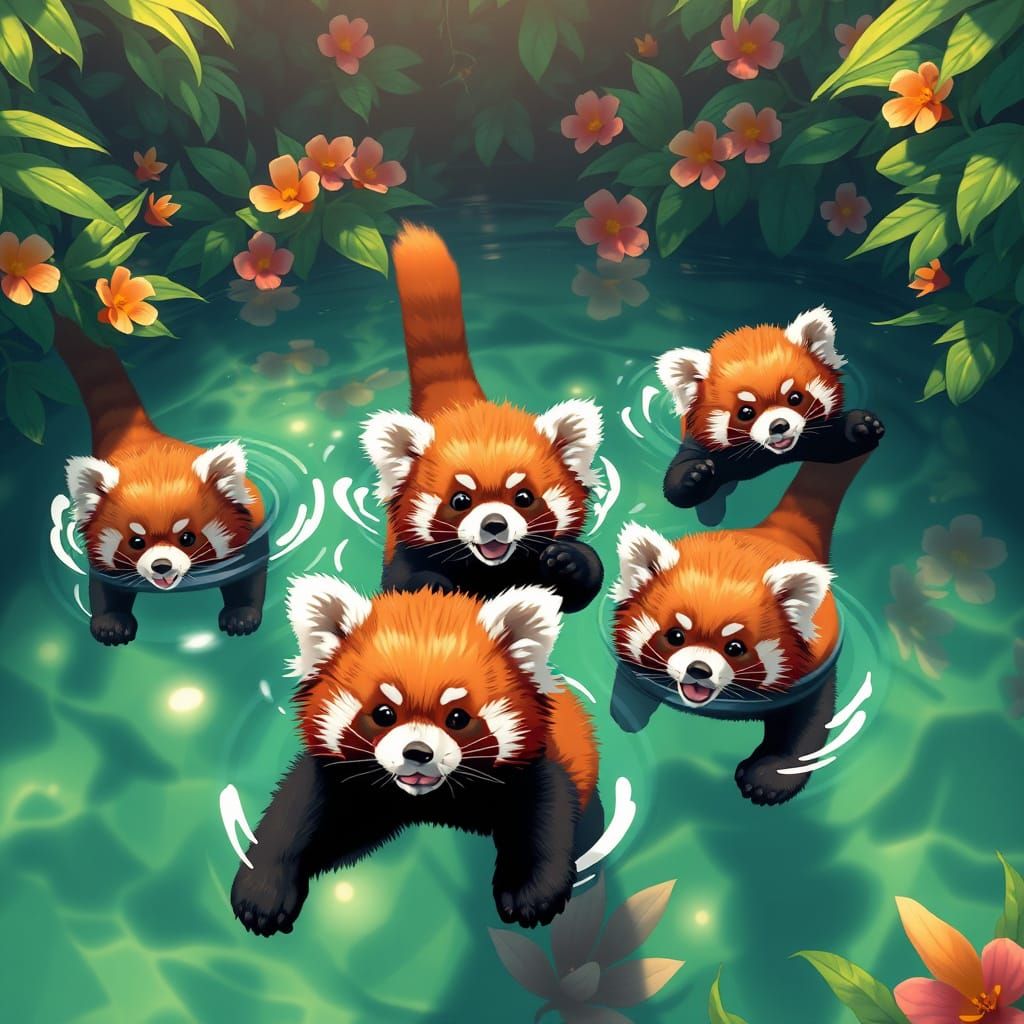 Cute Red Pandas Swim in Amazon Rainforest Anime Style
