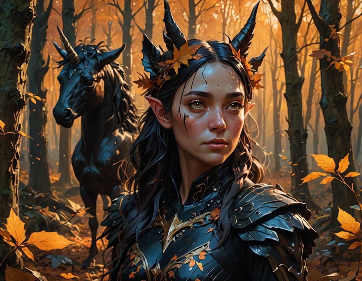 Dark Fairy and Unicorn in Autumn Forest