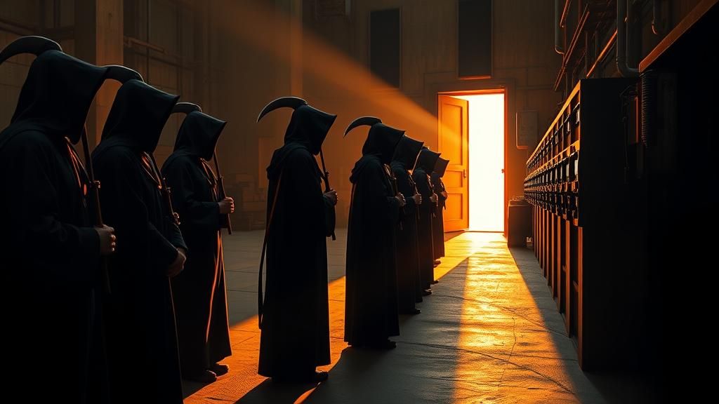 Reapers Clocking In: A Surreal Factory Scene