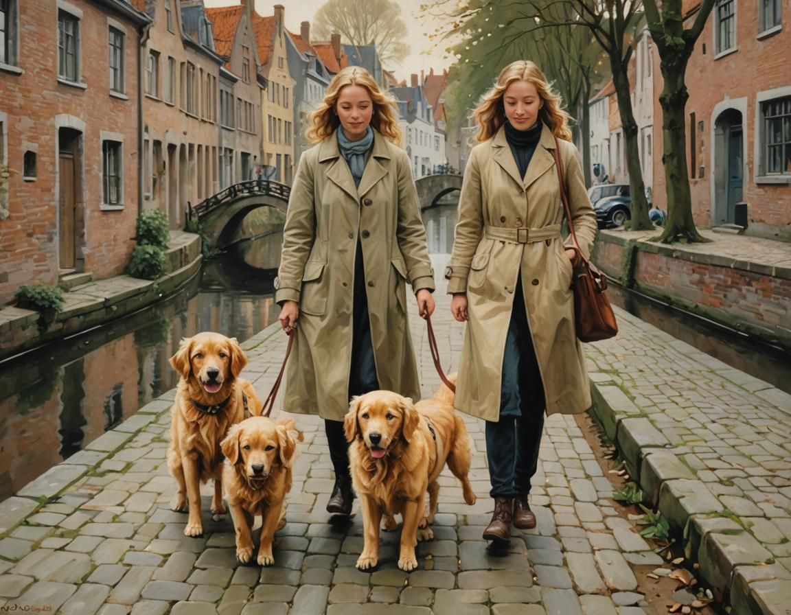 cute young sibling sisters walking their golden retrievers along a canal in Bruges