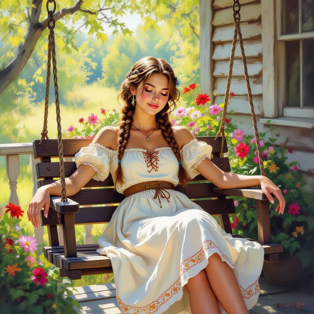 Woman Relaxing on Porch Swing in Vermont