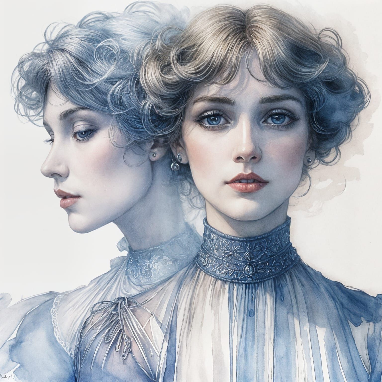 Ethereal Portrait in Blue and White Watercolor