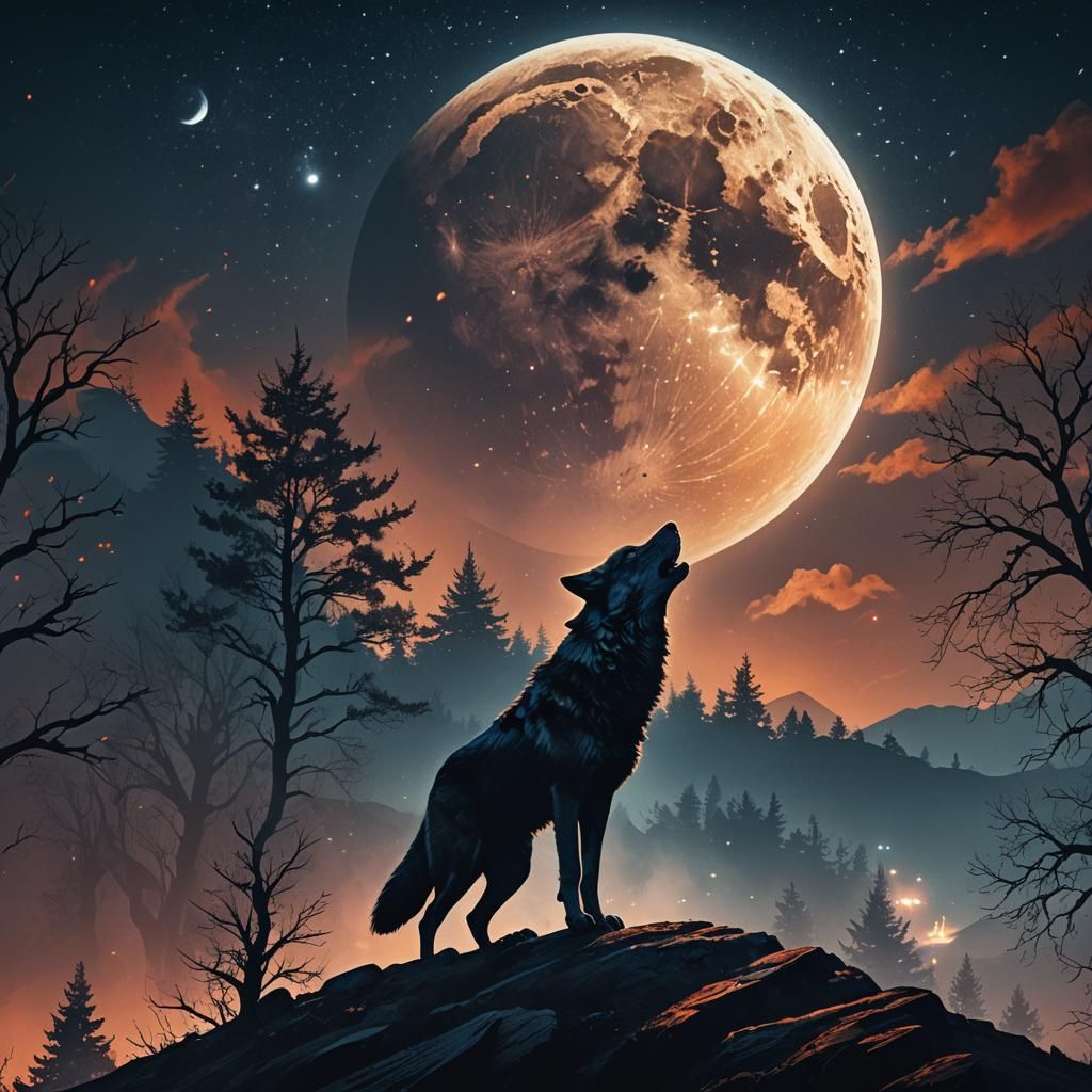 Wolf Howling at Moon in Double Exposure Style