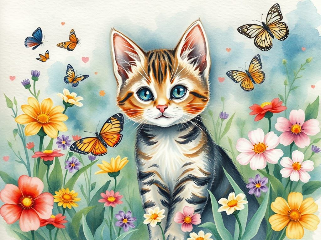 Whimsical Watercolor Spring Garden Scene with Adorable Kitte...