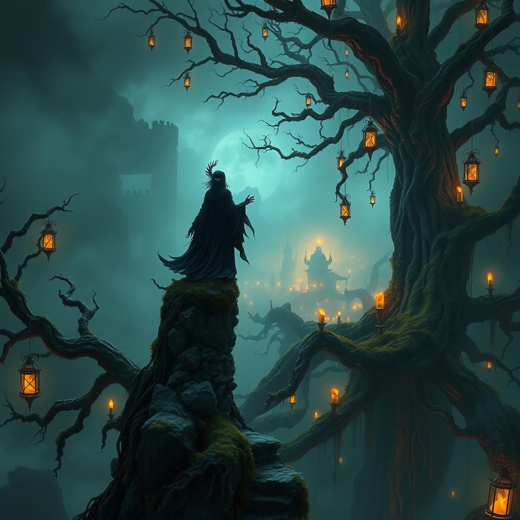 Ethereal Sorceress in Twilight Realm: Dark Futurism