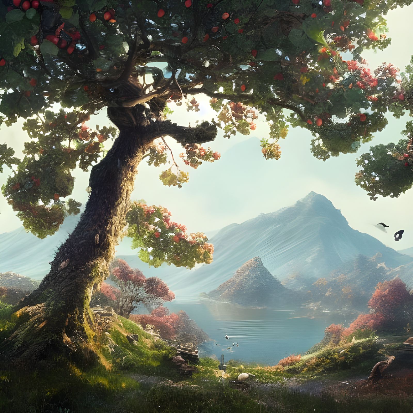 Apple Tree on Mountain, Digital Illustration