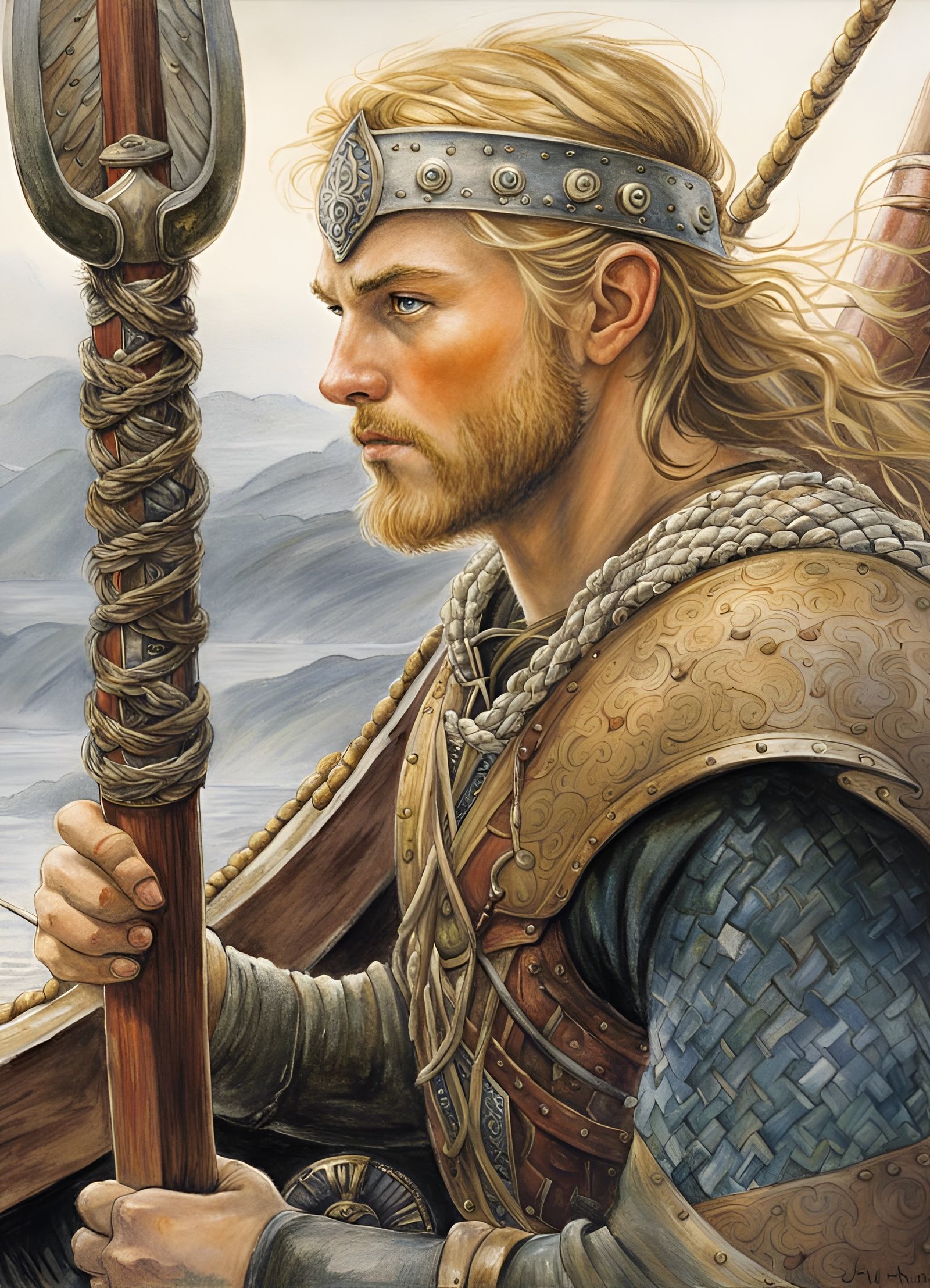 Viking Warrior on Longship Bow: Fantasy Art