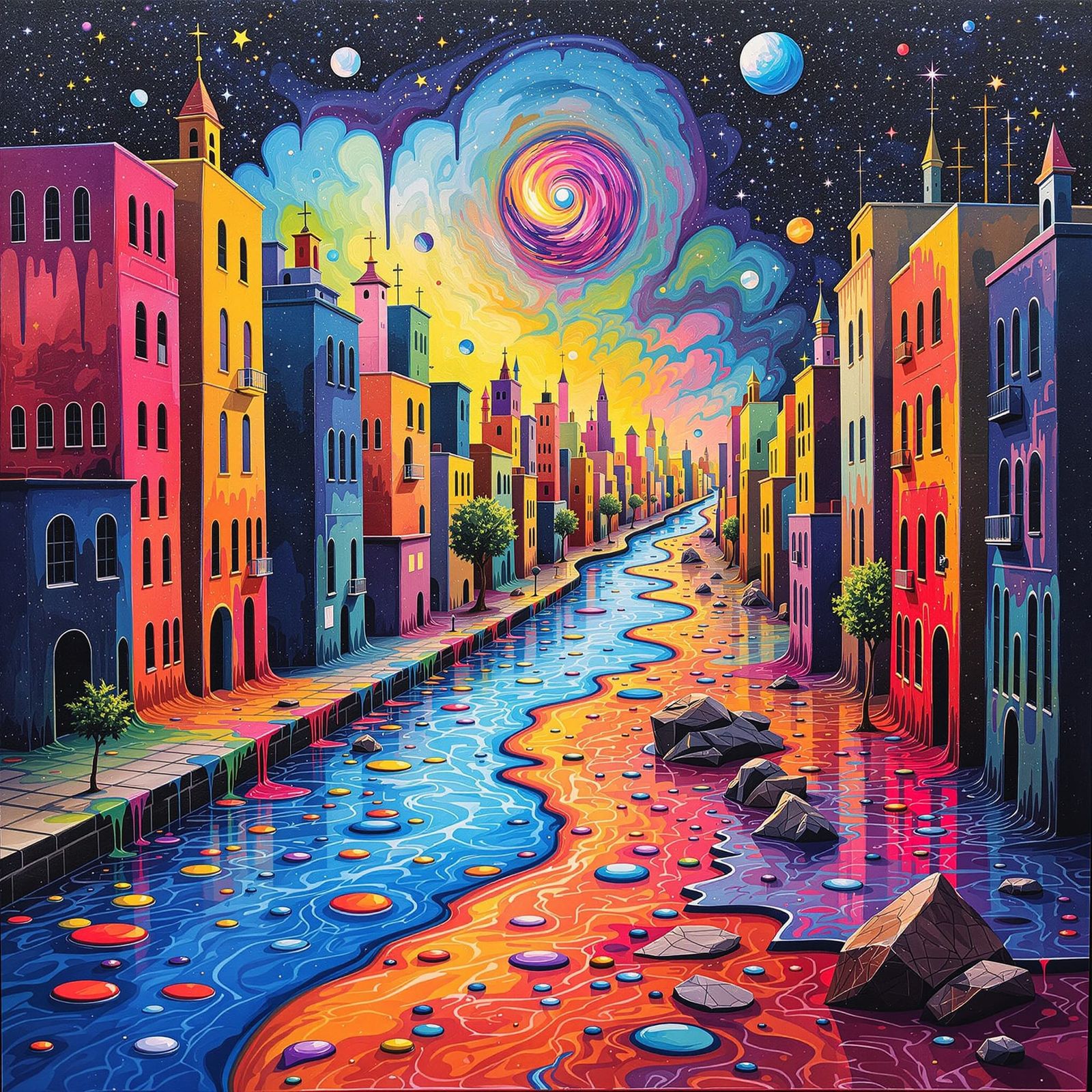 Surreal Melting Paint Cityscape with Vibrant Rivers