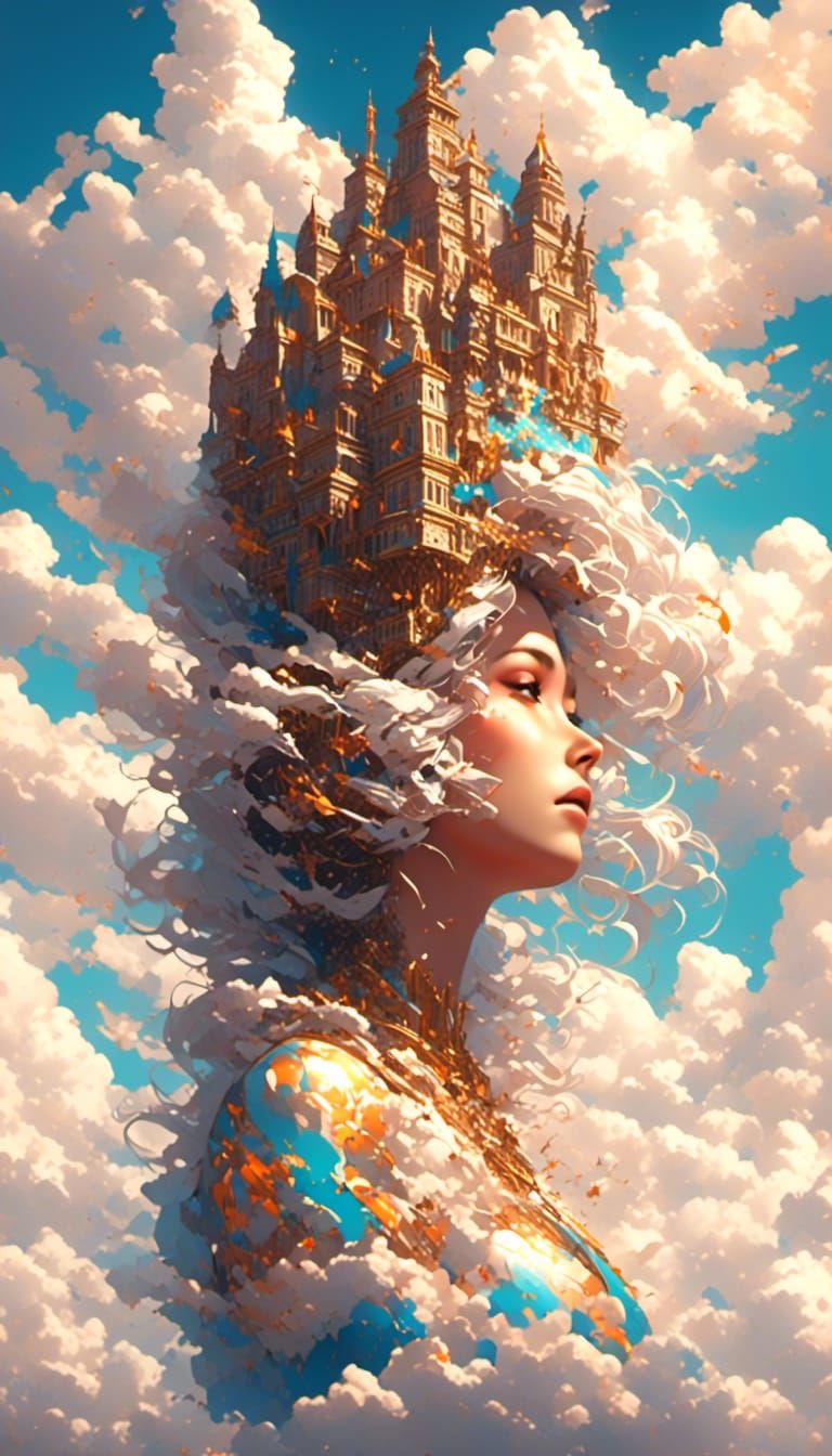 Fantasy Woman with Head in Clouds Portrait