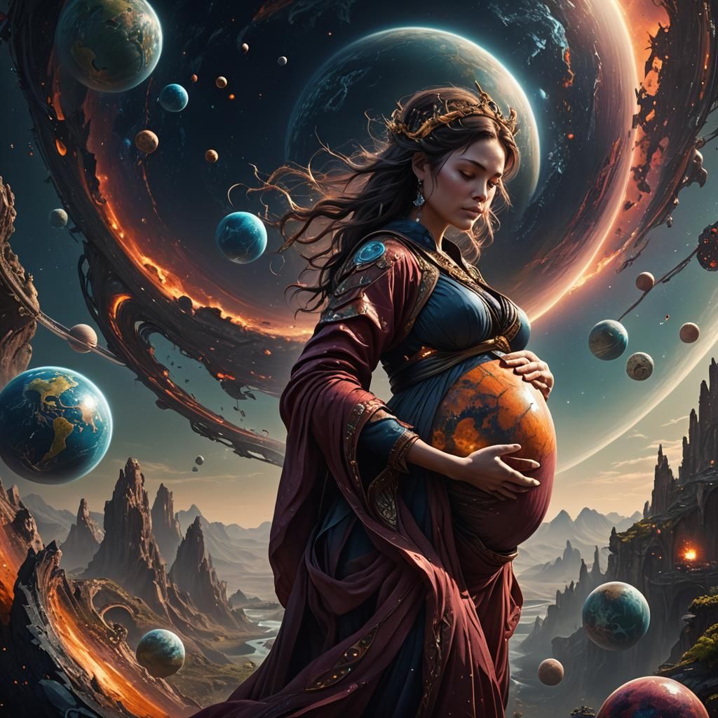 Pregnant Woman with Planet Belly: Fantasy Concept Art