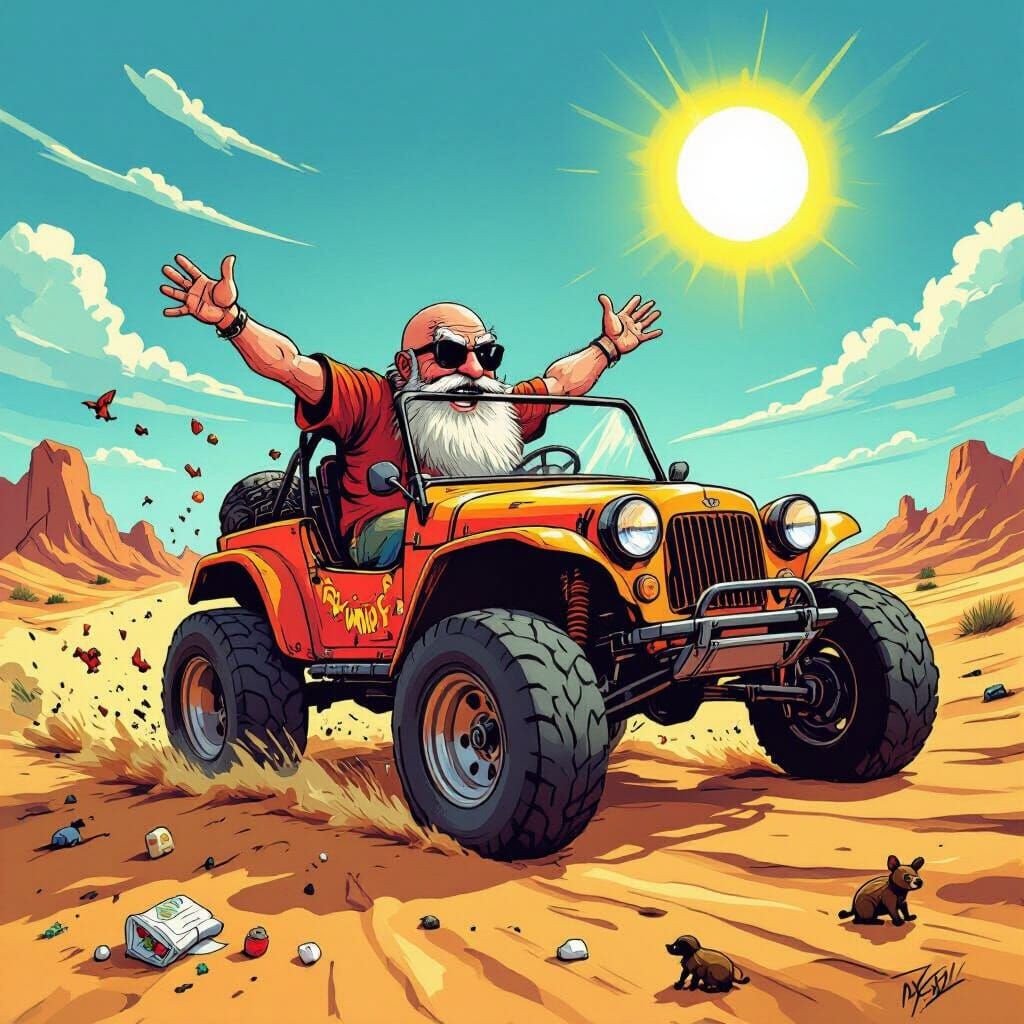 Bald Man Rides Dune Buggy in Desert, Ed Roth Style