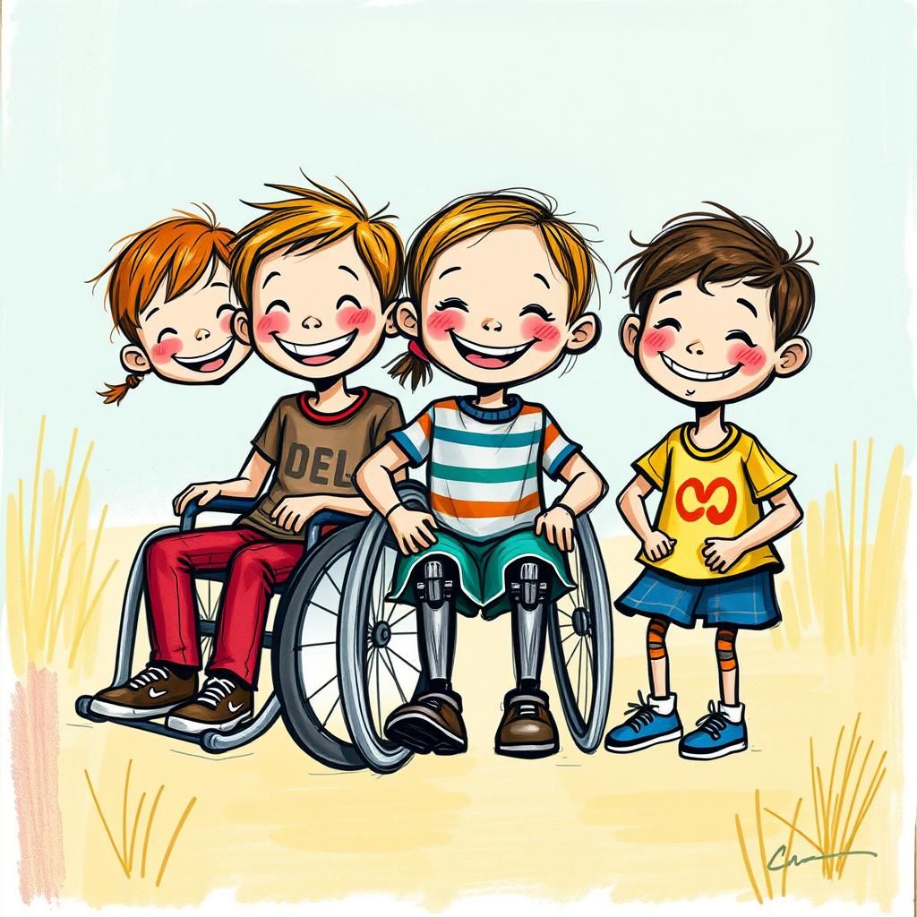 Inclusive Children's Play Scene in Naive Art Style