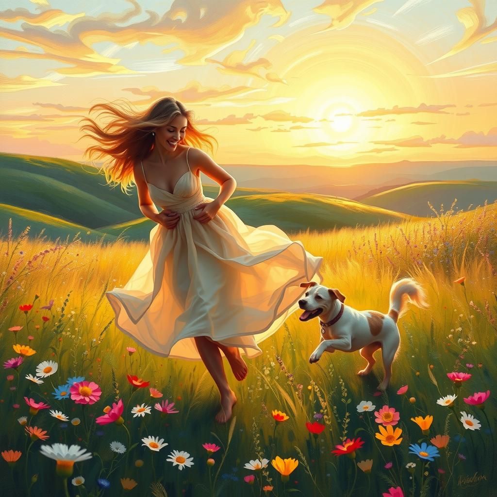 Woman and Dog in Meadow as Impressionist Painting