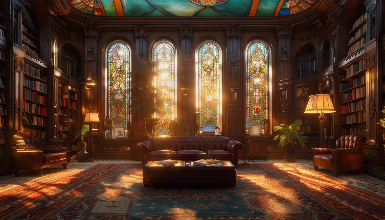 Art Deco Mansion Library at Sunset in Hyperrealism