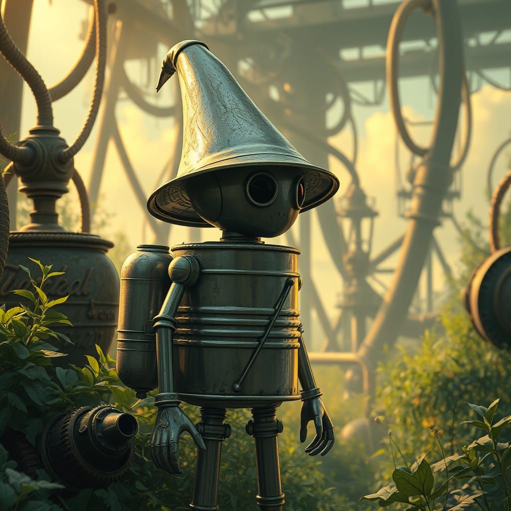 Whimsical Metallic Figure in a Dreamlike, Golden Landscape