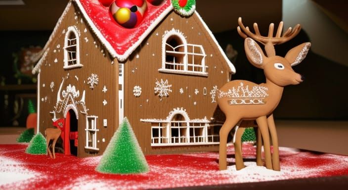 bambi inside a large red christmas ginger bread house 3D Game Cinematic Feel, Epic 3D Videogame Graphics, Intricately De...