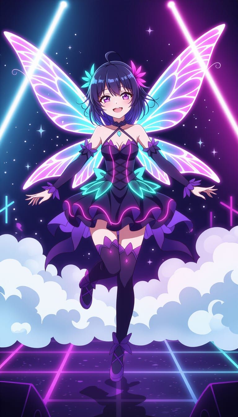 Neon Fairy Dances at a Rave in Anime Style