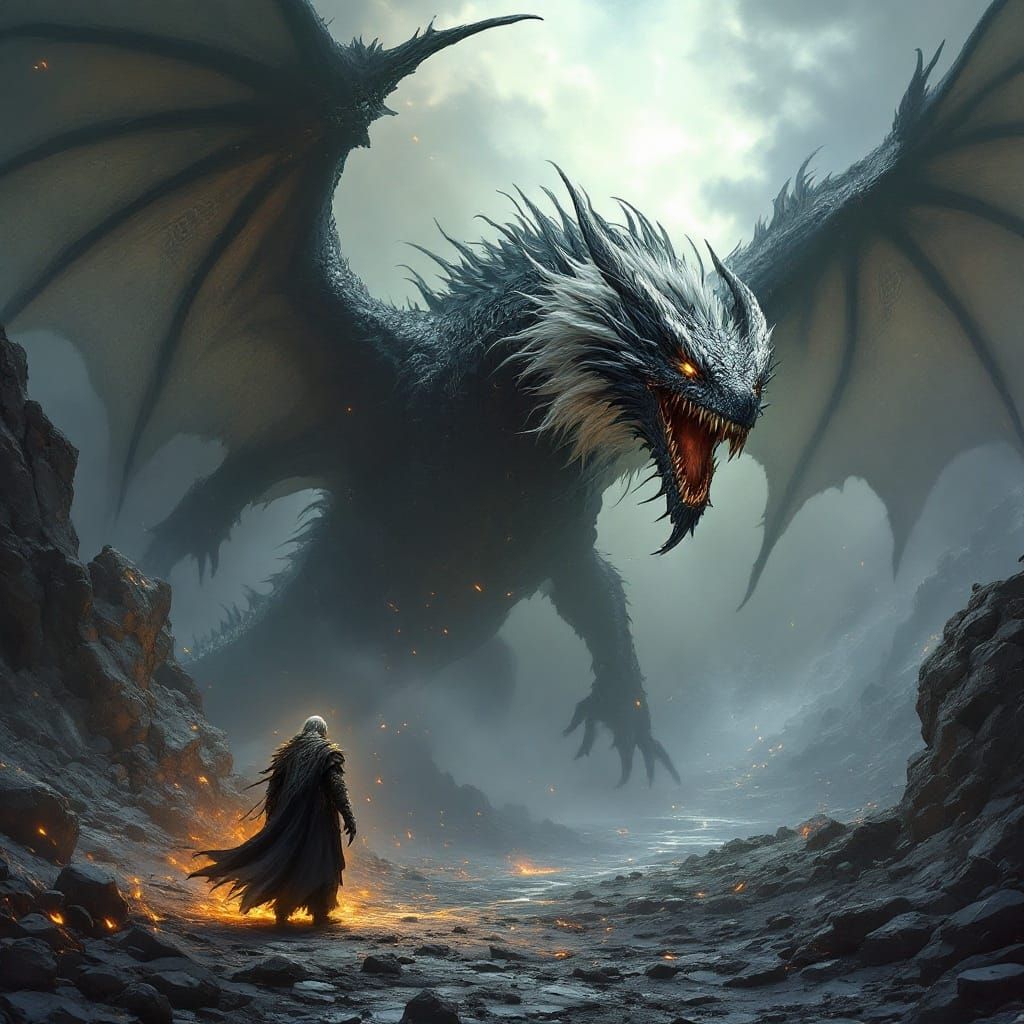 Ethereal Dragon Soars Above War-Torn Expanse in Dark Fantasy...