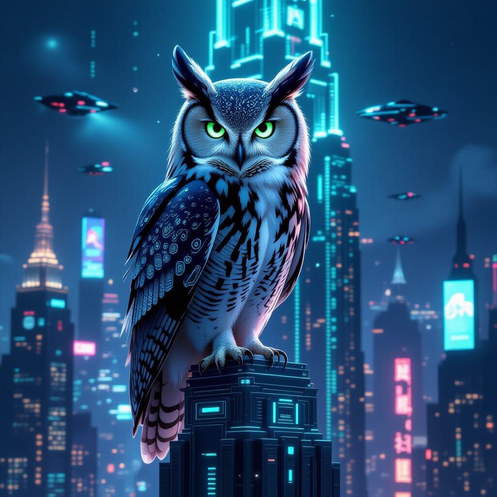 Majestic Obsidian Owl on Art Deco Skyscraper in Cyberpunk Ci...