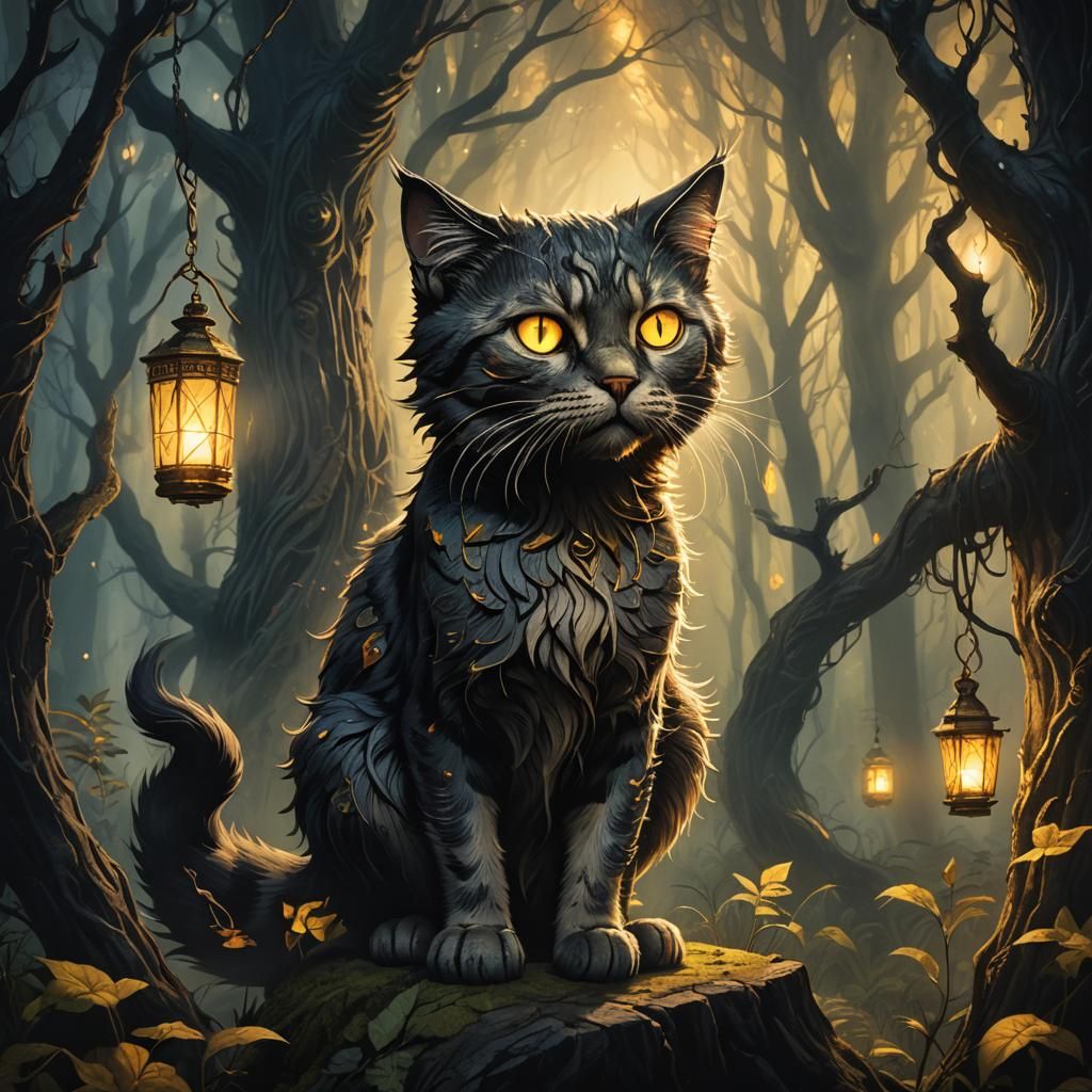 Vigilant Cat in Mystical Forest: Dark Fantasy Illustration