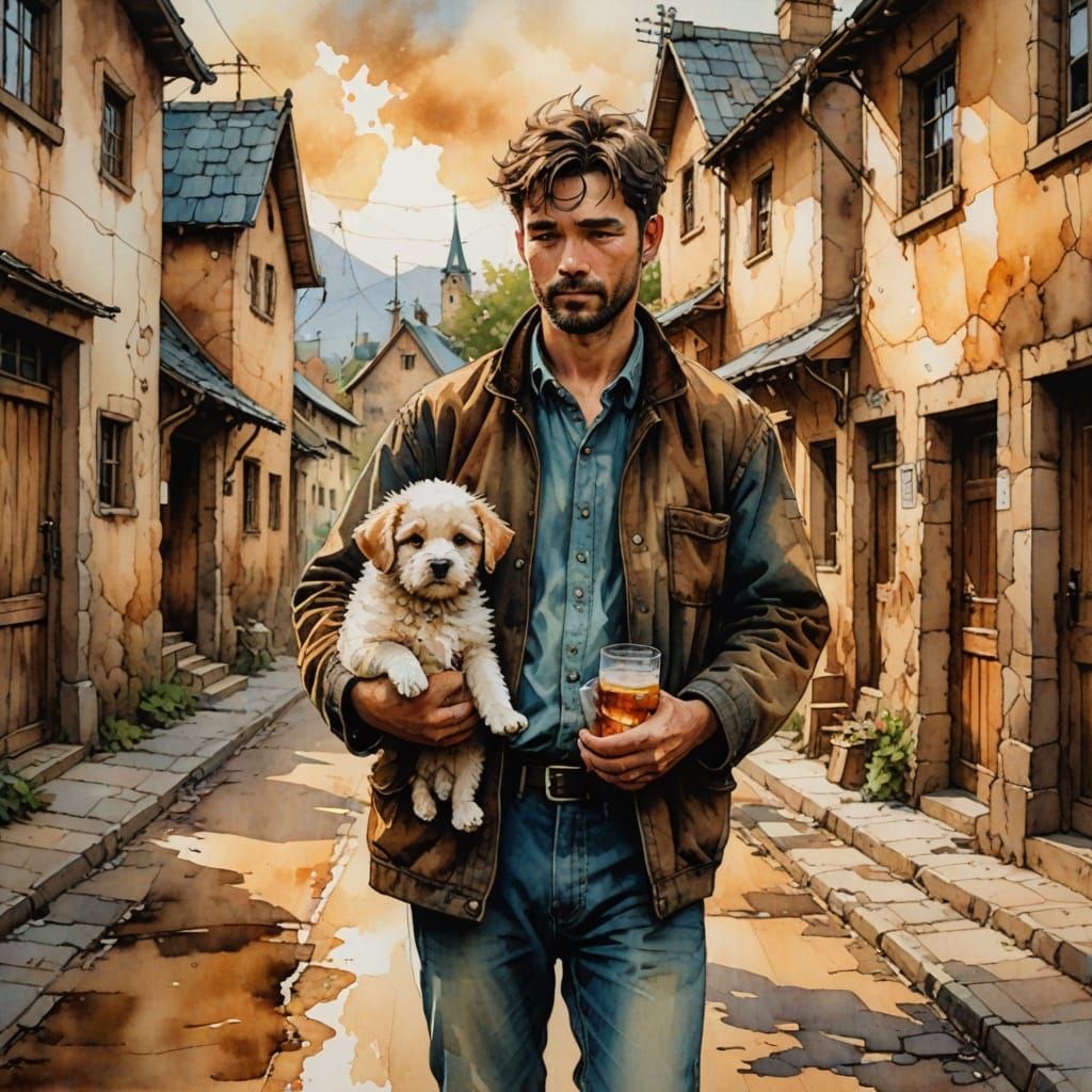 Man Holding Puppy on Old Street in Alcohol Ink Style