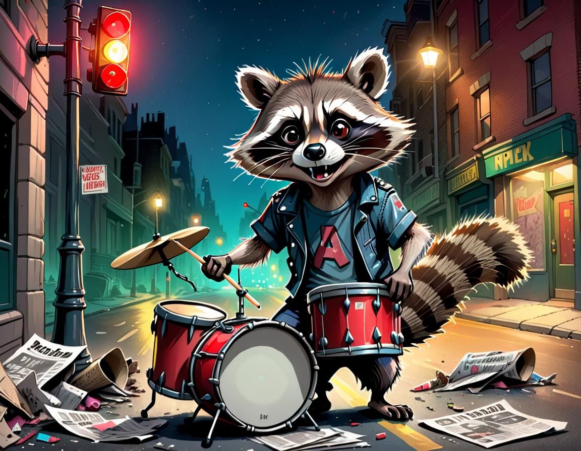 Rabies Punk Raccoon Drummer in Disney Style