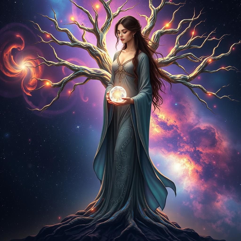 Earth Goddess at Cosmic Tree in Galaxy