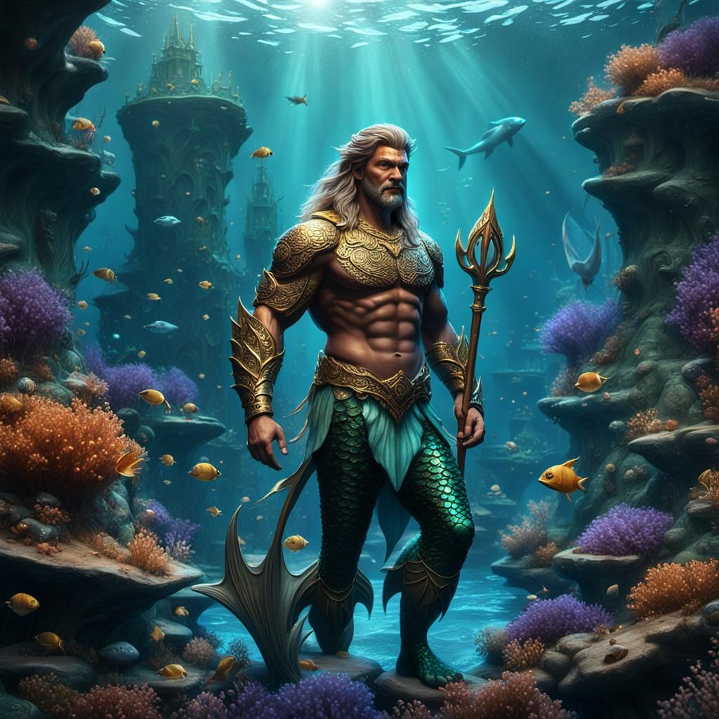 Handsome Mermaid King: Detailed Matte Painting in 8K