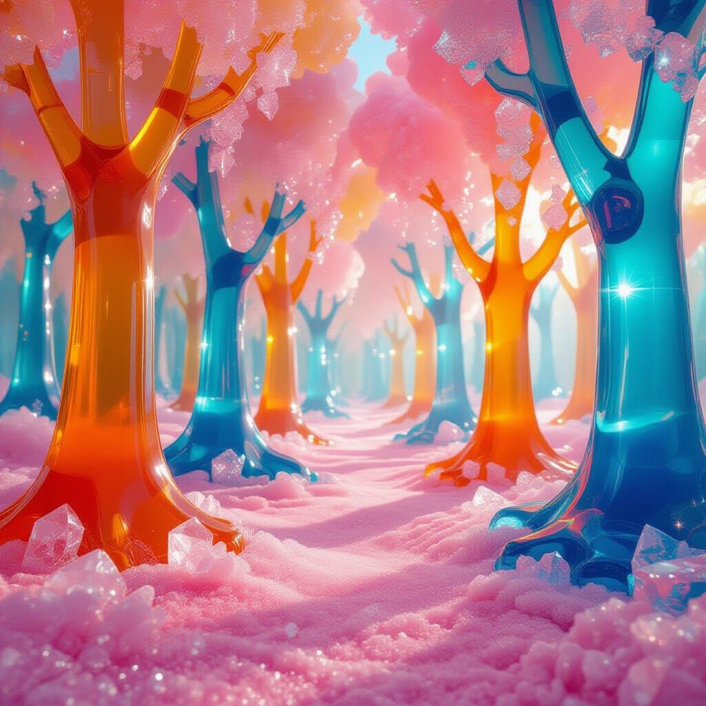 Surreal Jelly Forest with Candy Leaves and Sponge Cake Groun...